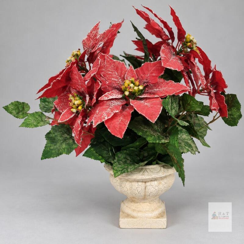 Frosted Red Poinsettia Arrangement in Cream Pedestal Urn