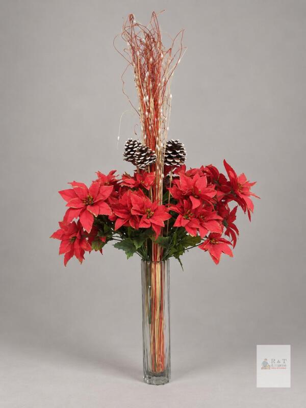 Tall Christmas Poinsettia Arrangement in Clear Umbra Vase top of branch to base 36"
