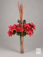 Tall Christmas Poinsettia Arrangement in Clear Umbra Vase top of branch to base 36"