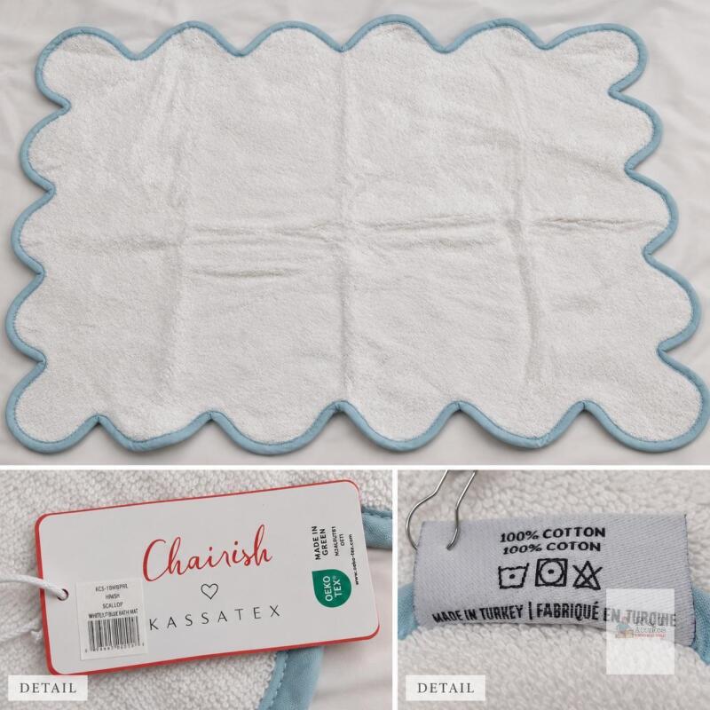 New Chairish &times; Kassatex Scalloped Bath Mat &ndash; White with Pale-Blue Trim 32"x22"