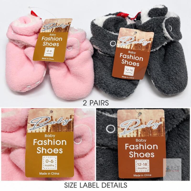 New Two Pairs of Baby Fleece Booties &ndash; Pink 0&ndash;6 Months & Charcoal 12&ndash;18 Months