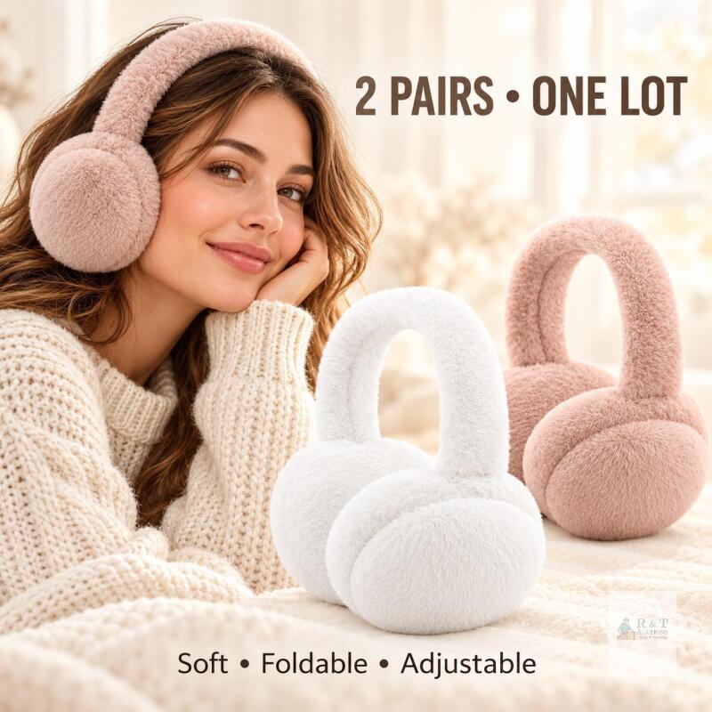 New 2 Pairs Soft Plush Earmuffs, White & Blush Pink, Foldable & Adjustable