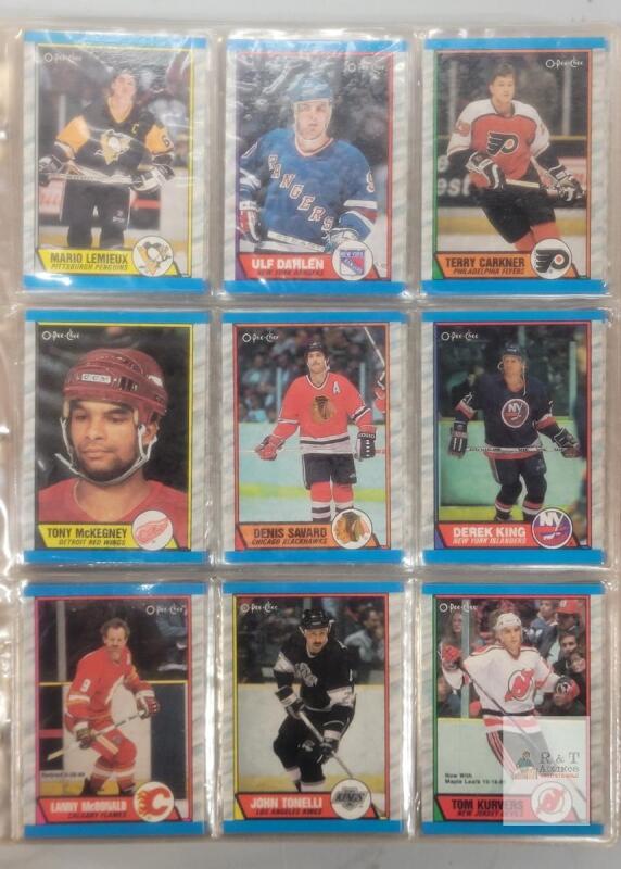 1989 - 1990 O Pee Chee NHL Hockey Trading Card Set in Binder - Complete . Cards have been in binder a long time , page do stick together