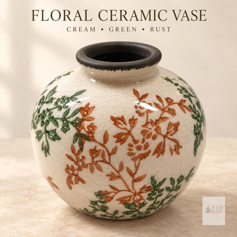 New Modern Cream Crackle-Glaze Floral Vase &ndash; Green & Rust Botanical Design
