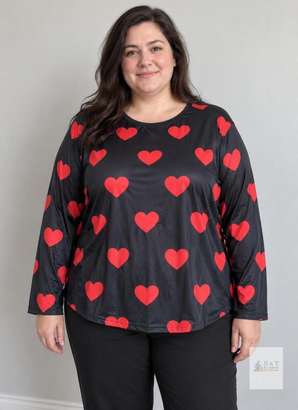 NEW 3XL Black Long Sleeve Shirt with Red Heart Print, Relaxed Fit, Crew Neck