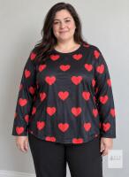 NEW 3XL Black Long Sleeve Shirt with Red Heart Print, Relaxed Fit, Crew Neck