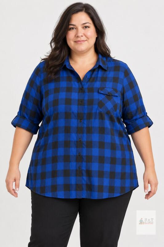 NEW Blue & Black Buffalo-Check Button-Front Shirt, Size 3XL