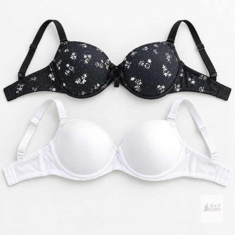 new Pak Fancy 40B Padded Underwire Bras, White & Floral Print, Adjustable Straps, 2-Pack