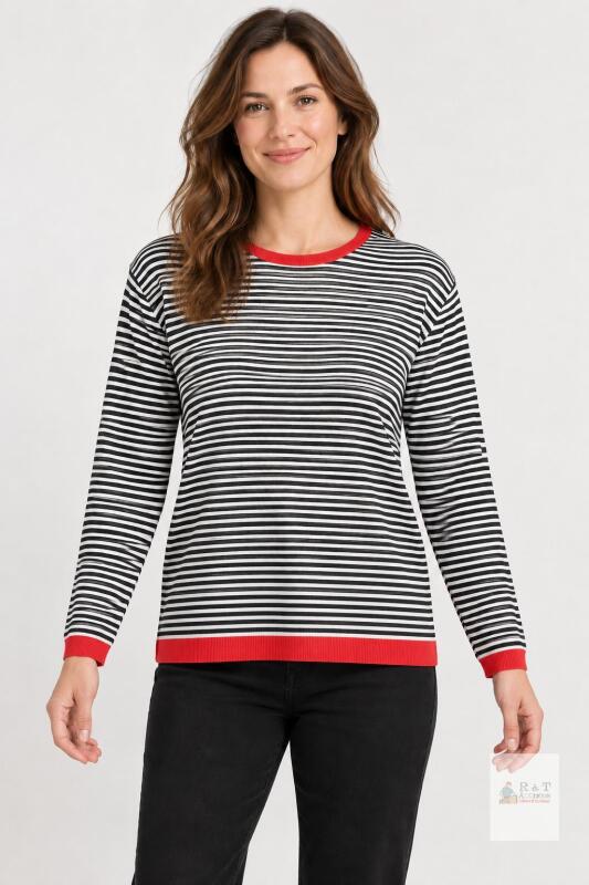 NEW AOISAGULA Striped Women's Sweater Pullover, Medium, Black/White with Red Contrast Trim, Crew Neck