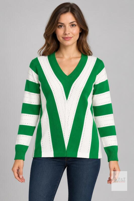 NEW AOISAGULA Green White Striped V-Neck Knit Jumper Sweater, Women's Size Small, Pullover, X003908QQJ