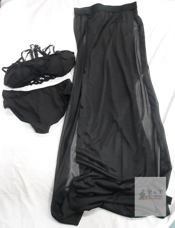 NEW Black 3-Piece Bikini Set with Strappy Top, Sheer Long Cover-Up Skirt, Women&rsquo;s Size M