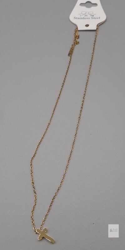 NEW Gold-Tone Stainless Steel Necklace Cable Chain with Cross Pendant, 18" Length, Lobster Clasp
