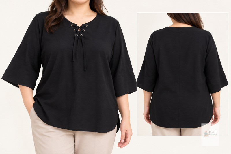 new YAOBAOLE2XL Black Laced V-Neck Pullover Shirt with 3/4 Sleeves