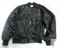 Vintage Washburn Guitars Black Satin Bomber Jacket, Large 42-44, Made in USA, Logo Embroidery