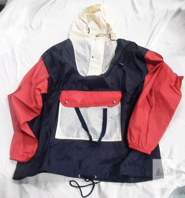 K-Way Vintage Pullover Anorak Size 8 Navy Blue Red White Water-Resistant Hooded Jacket