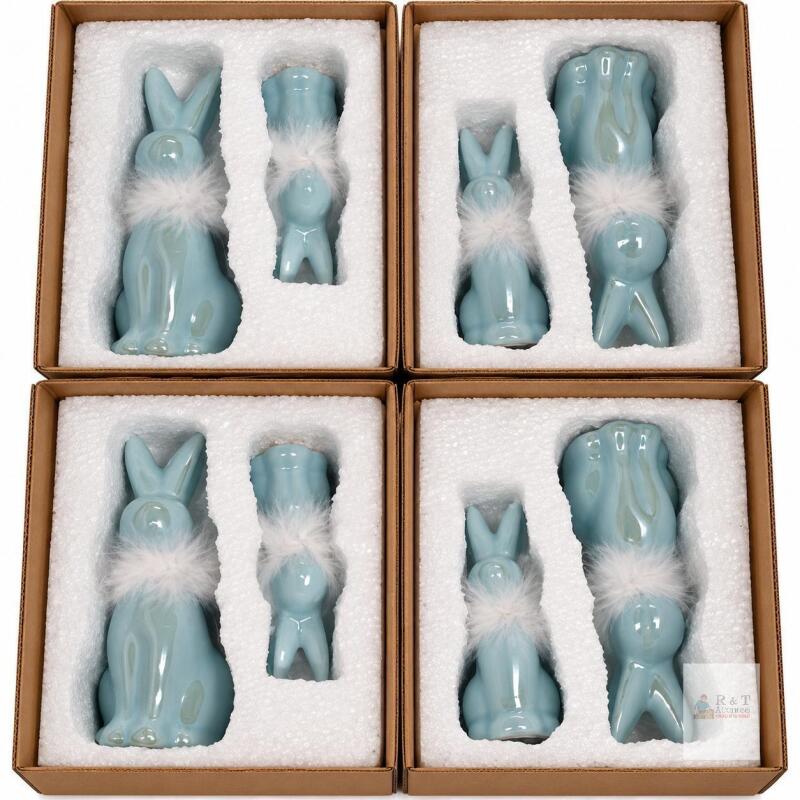 New Blue Ceramic Bunnies with Feather Collars &mdash; 4 Boxed Pairs, 8 Pieces