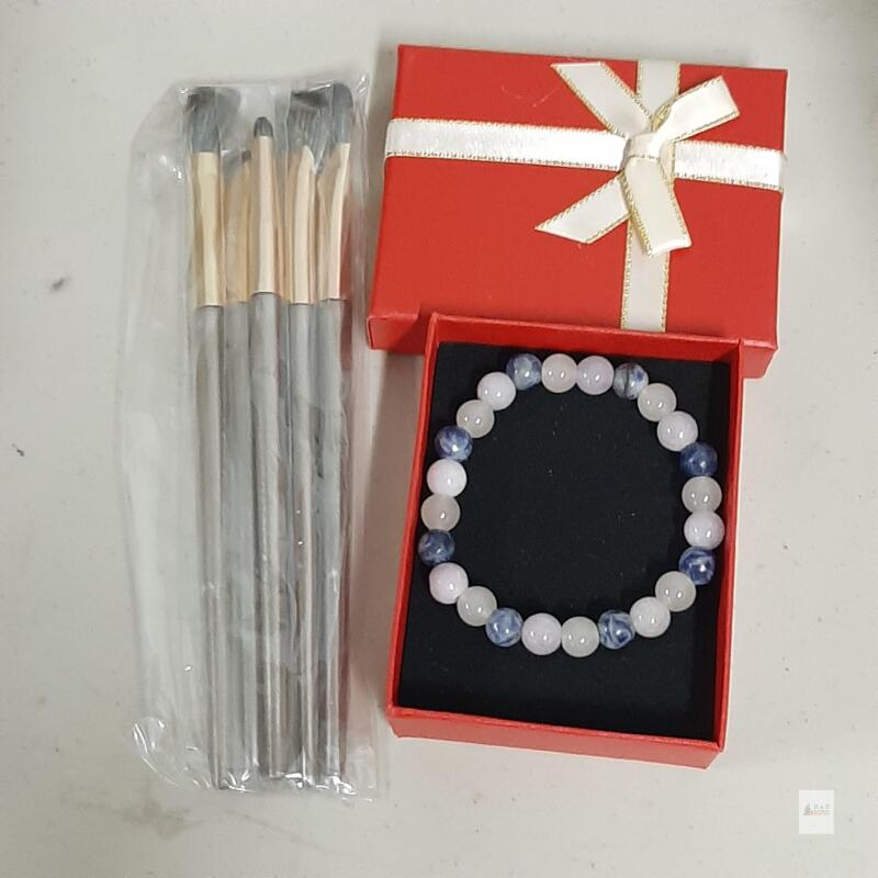 NEW Gemstone Stretch Bracelet with Gift Box & 5-Piece Makeup Brush Set, 8mm Rose Quartz, Sodalite Beads