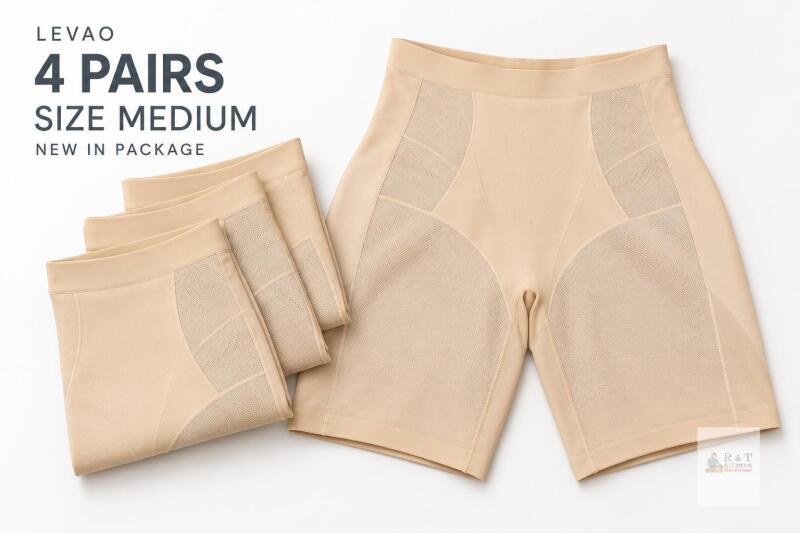 4 New in Package LEVAO Women&rsquo;s High-Waisted Tummy Control Shorts &ndash; Beige, Medium
